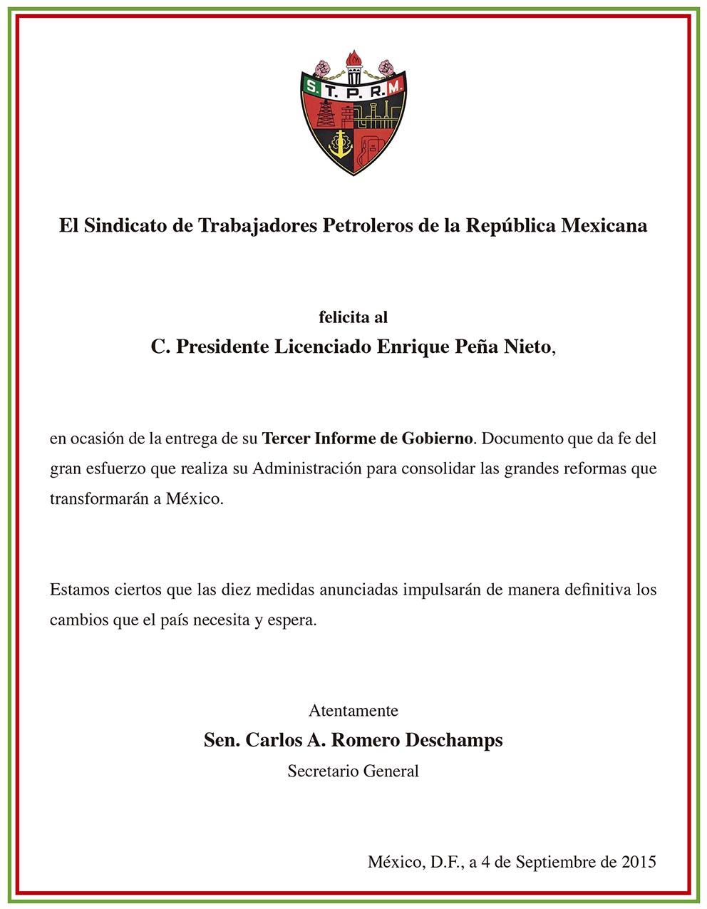 Photo of El Sindicato de Trabajadores Petroleros de la República Mexicana felicita a Enrique Peña Nieto