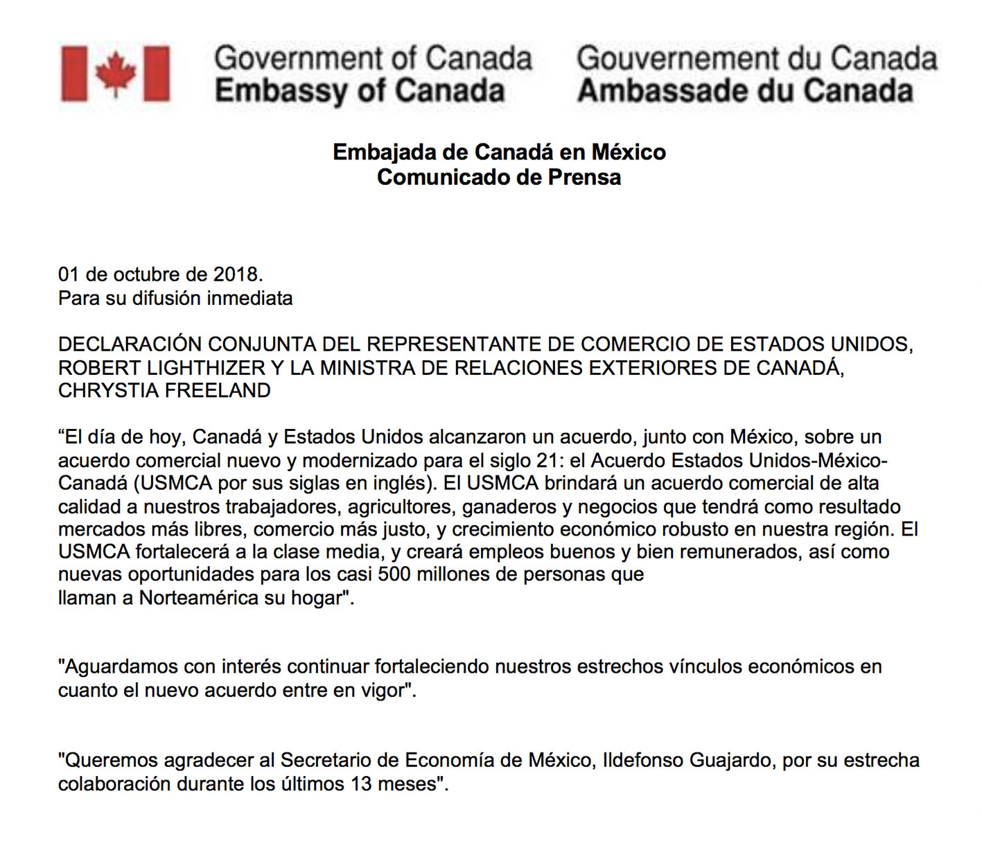Photo of Declaración conjunta del Representante de Comercio de Estados Unidos, Robert Lighthizer y la Ministra de Relaciones Exteriores de Canadá, Chrystia Freeland