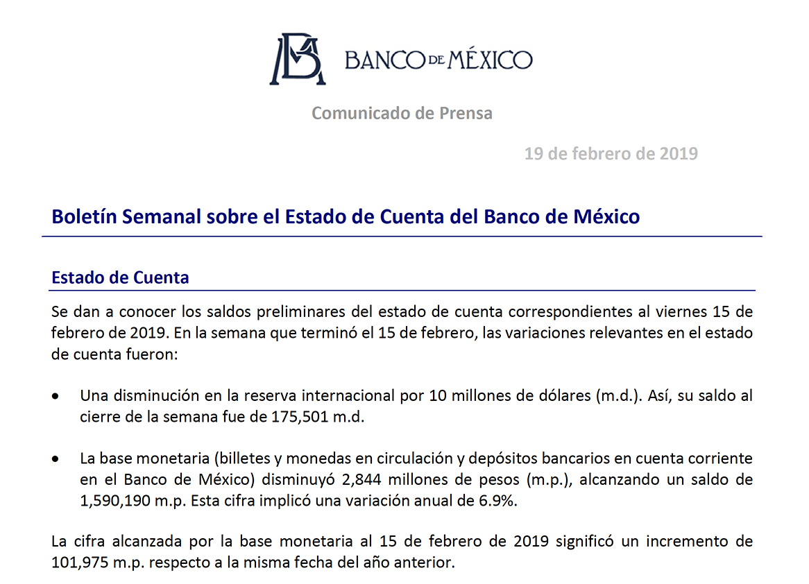 Photo of Al 15 de febrero el saldo de la reserva internacional fue de 175,501 m.d., lo que significó una reducción semanal de 10 m.d. y un crecimiento acumulado, respecto al cierre de 2018, de 708 m.d. señala el Estado de Cuenta del Banco de México