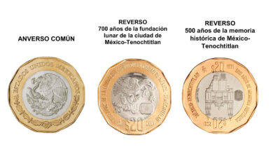 Photo of Seis monedas conmemorativas de los “700 años de la fundación lunar de la ciudad de México-Tenochtitlan”, de los “500 años de la memoria histórica de México-Tenochtitlan” y del “Bicentenario de la Independencia Nacional”