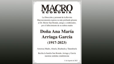 Photo of La Dirección de la Revista Macroeconomía expresa su más profundo pésame al Dr Héctor San Román, por el fallecimiento de su señora madre Doña Ana María Arriaga García